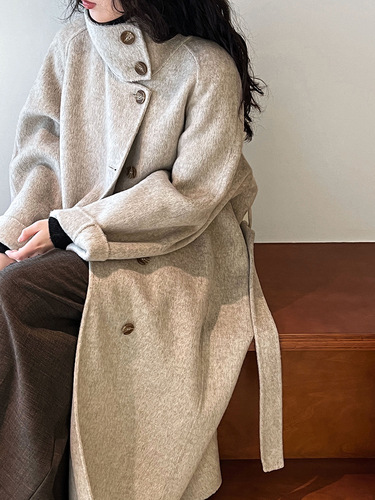 Lüxi Korean High-End Stand Collar Double-Faced Wool Coat for Women, Medium-Long Length, 2025 Winter Woolen Outerwear, Model 5053