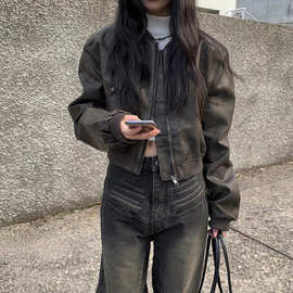 韩国东大门女装高货法式帅气做旧翻领拉链宽松BF风机车服PU皮衣短