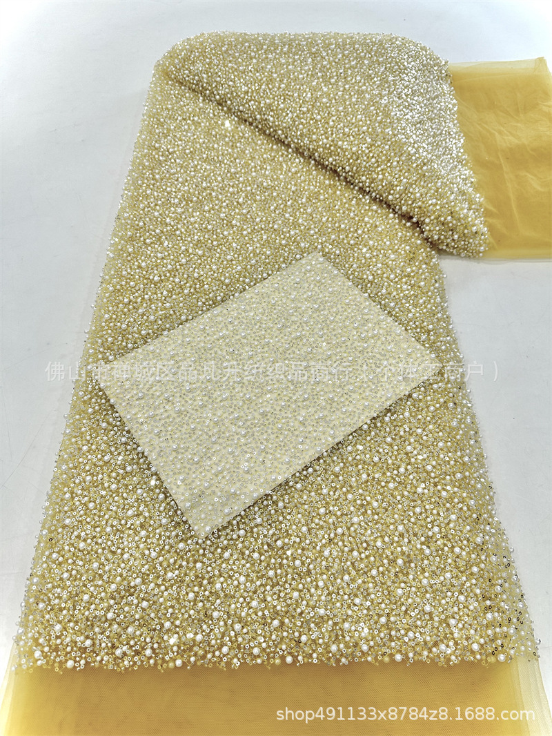 Tejido de perlas de alta densidad, tejido bordado de tubo de perlas, vestido de boda, moda, tela de cena, stock transfronterizo