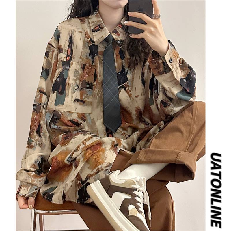 Spring and Autumn Japanese Style Vintage Oil Painting Printed Long Sleeve Shirt for Men and Women Niche Fashionable Loose Trendy Brand Hong Kong Style Top Jacket