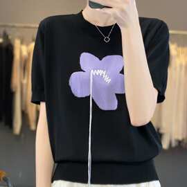冰丝圆领紫色提花针织短袖t恤女宽松显瘦短款薄款打底外穿夏新款