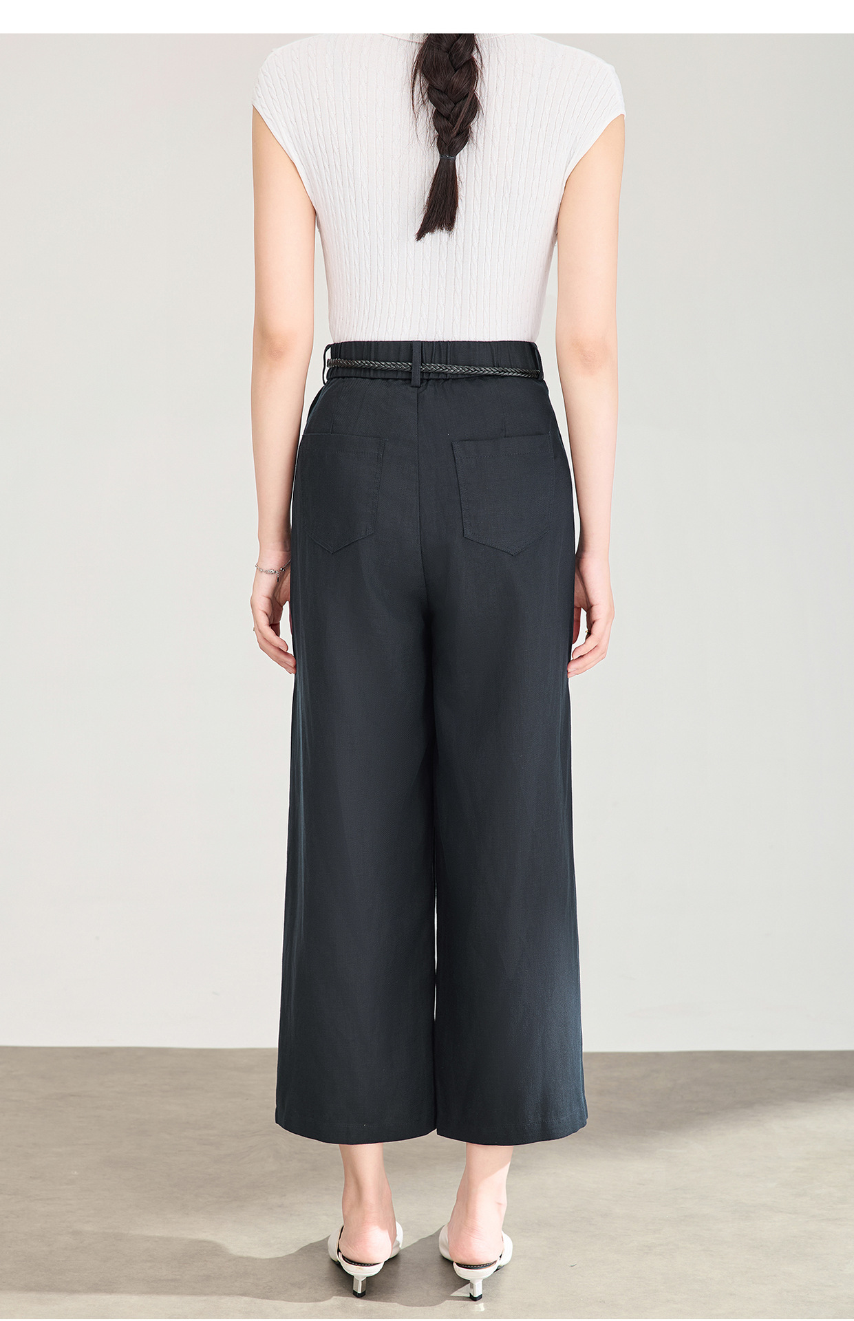Quần culottes nữ ống rộng dáng suông, cạp cao, chất liệu tencel linen thoáng mát, phù hợp mùa hè — Xanh lông mòng đen chi tiết 15