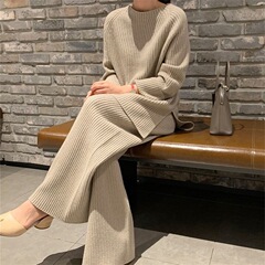 跨境专供针织套装女2025秋冬加厚毛衣＋阔腿裤慵懒风显瘦两件套