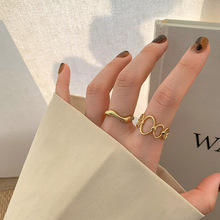 韩版S925银镂空几何不规则戒指女复古方形拼接开口指环创意食指戒