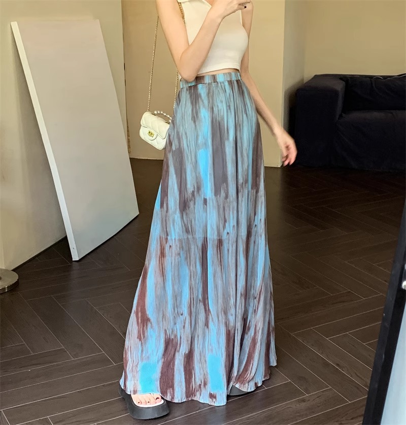 350g Weight Maxi Long Dress Dress Length Type Skirt Dresses Type Spandex, Polyester Fabric Type High Waist Waist Line Micro-Elastic Elasticity Holiday, Daily Occasion Loose Fit Type Printing Pattern Summer, Spring Season Women's Gender Vintage Style, Streetwear Style Blue Color Vintage Tie-Dye Midi Skirt For Women Spring Summer Vacation Style High Waist Slimming A-Line Skirt Draped Long Skirt Niche Flared Skirt Street Style High Street 5