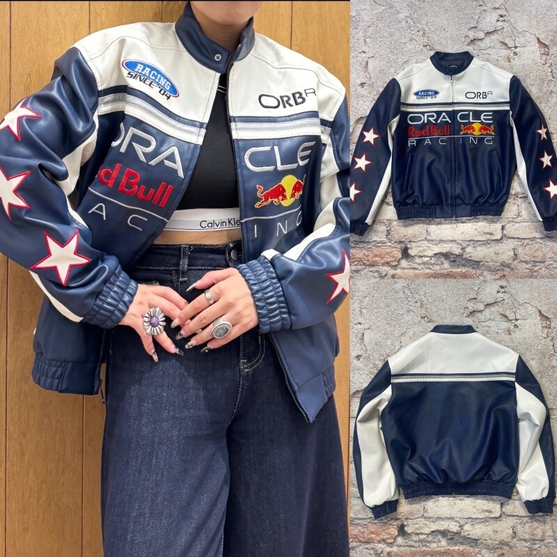 Hollister F1 Red Bull Collaboration Leather Jacket High Street Color-Blocking Motorcycle Jacket Heavy-Duty European and American Ins Unisex