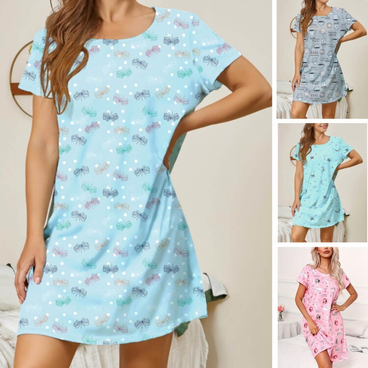 2024 Spring and Summer New European and American Amazon Temu Popular Home Nightgown Round Neck Dress Casual Printed Women's Clothing
