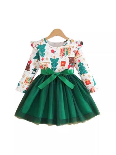 Christmas-themed foreign trade children's clothing—new arrivals for small and medium-sized kids: girls' two-piece faux-joined Christmas dress with double bow ties, trendy.