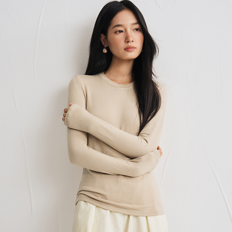 Tencel Acetate Wool Blend Base Shirt for Women, New Autumn and Winter Round Neck Top, Simple Solid Color Warm Long-Sleeve T-Shirt