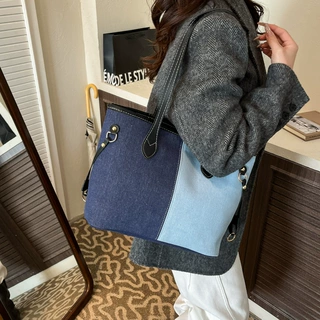 大容量牛仔布托特包包女高级感撞色拼接手提单肩包时尚通勤腋下包