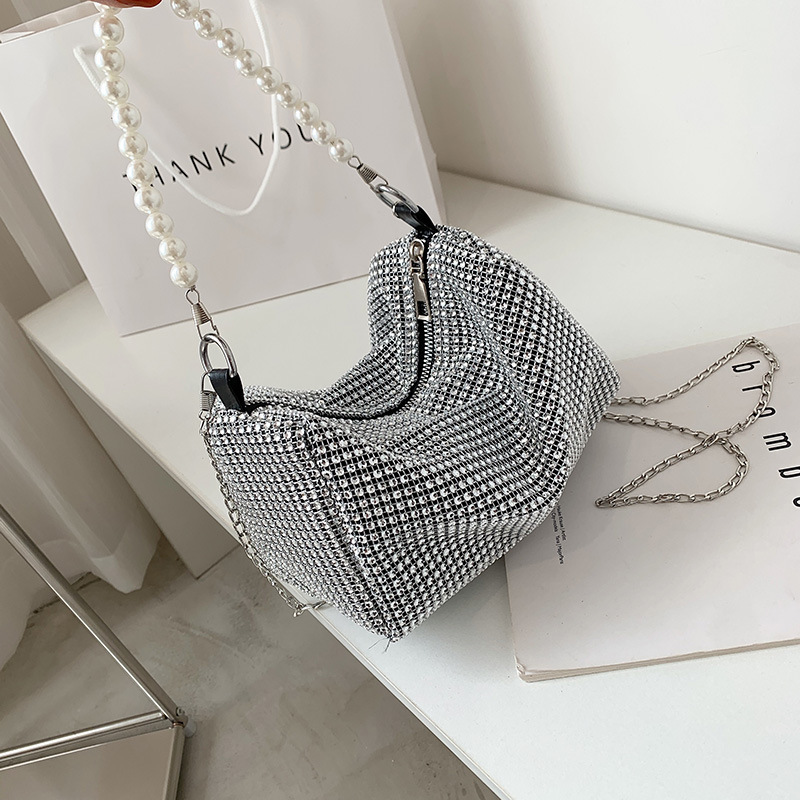 French Fashion Women's Bag Shoulder Bag Spring and Summer New Handbag Texture Diamond Shoulder Bag Beaded Chain Crossbody Bag