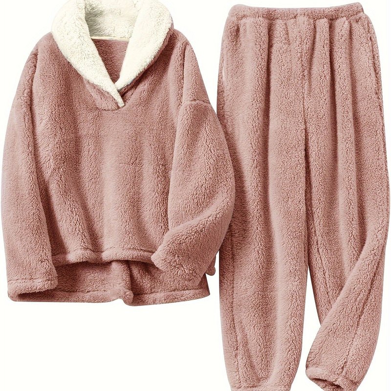 Solid Thermal Flannel Loungewear Sets Long Sleeve Tops跨境|undefined