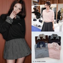 韩国小众 林娜琏同款 假两件格纹拼接v领针织衫上衣毛衣