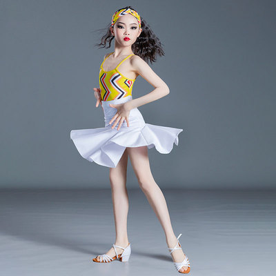 Yellow printed latin dance dress for girls kids acrobatics show employs the spring/summer sling Latin dance skirt girl