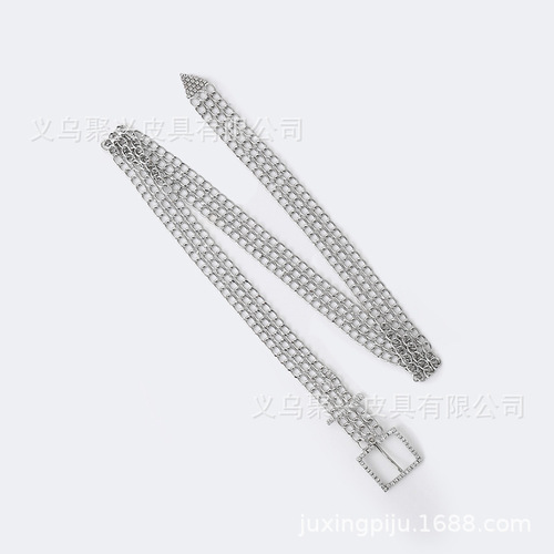 Diamond-embellished metal belt with square buckle, European and American fashion women's accessory for jeans