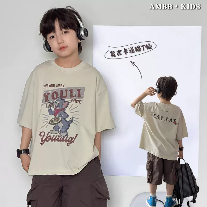 复古怀旧系~潮童夏季字母舒适上衣中大童卡通猫咪全棉透气短袖T恤