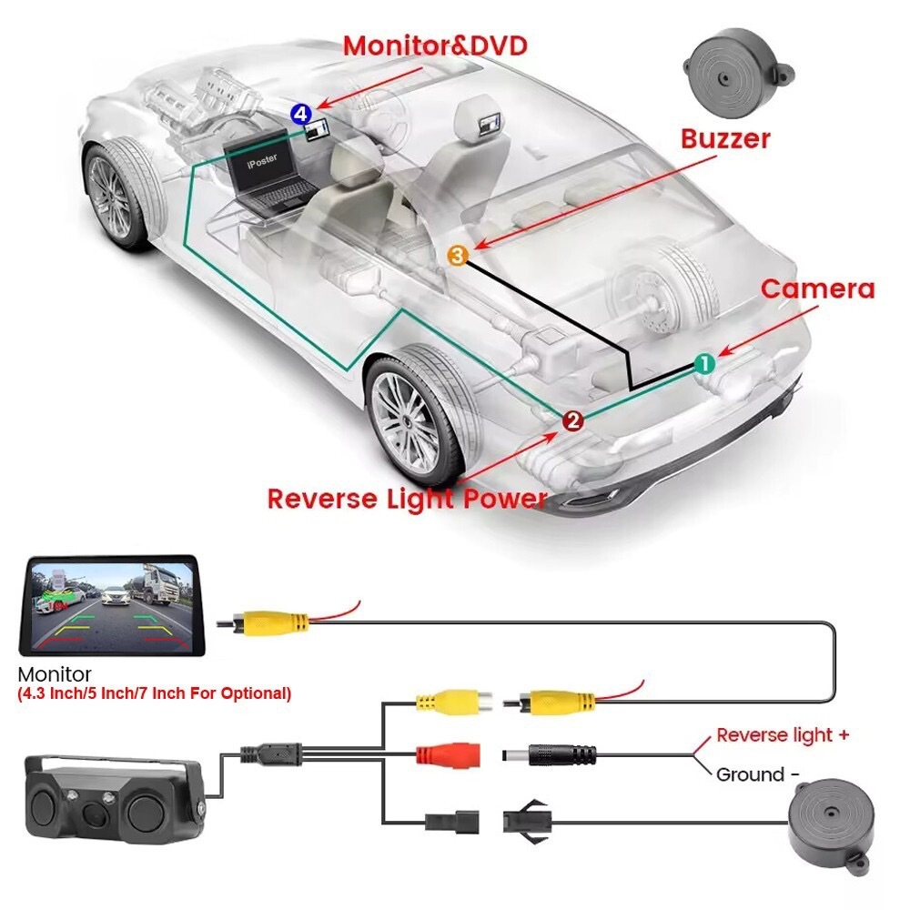 Hd 7inch Rearview Mirror Monitor + 3-in-1 Parking Radar Sensor Reversing Camera Rear View