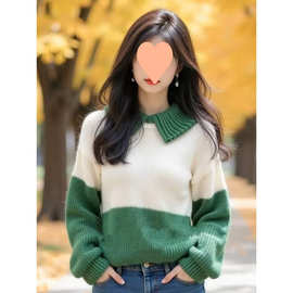 绿白撞色拼接翻领毛衣女秋冬新款小个子别致绝美小香风针织衫