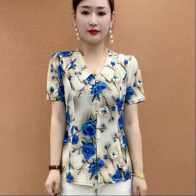 一件代发夏季新款中年妈妈装气质休闲翻领宽松显瘦T恤百搭上衣女