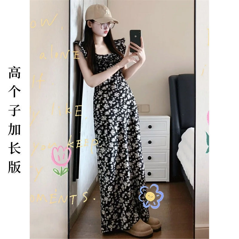 175 Tall Long Small Flying Sleeve Floral dress Children's Summer Elegant Waist Black Long Dress Tea Break French Style