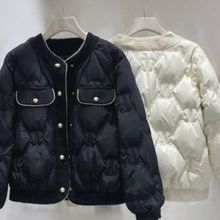 欧货秋冬圆领小香风钉珠拼粗花呢羽绒棉服轻薄气质加厚外套女黑色