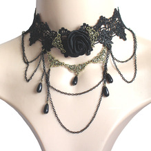 欧美夸张时尚蕾丝项链 黑色玫瑰花朵宝石吊坠颈链