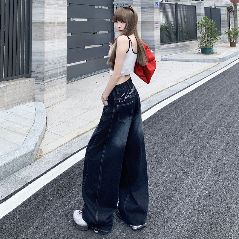 美式复古刺绣弯刀牛仔裤女2025年秋季新款高腰直筒宽松阔腿拖地裤|undefined