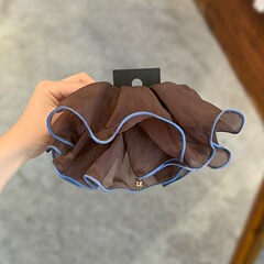 韩版蓬松网纱蓝边咖色一字弹簧夹质感莫兰迪包边半扎后脑勺发夹子