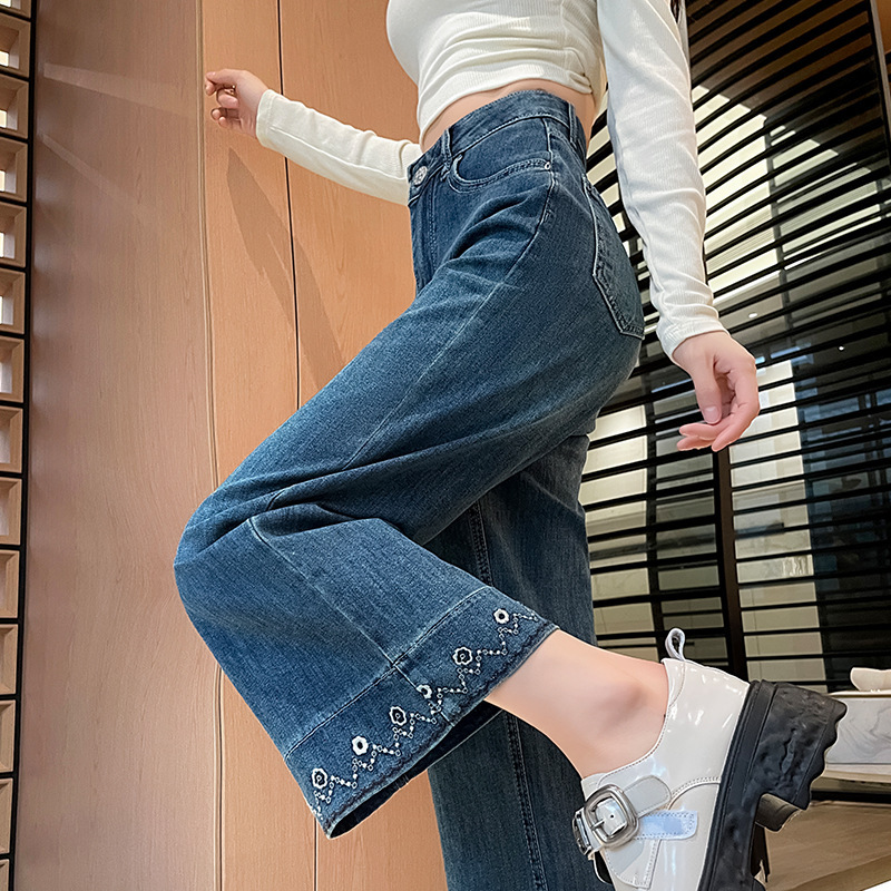 刺绣高腰阔腿牛仔裤女2025新款秋季直筒宽松显瘦小个子窄版直筒裤|undefined