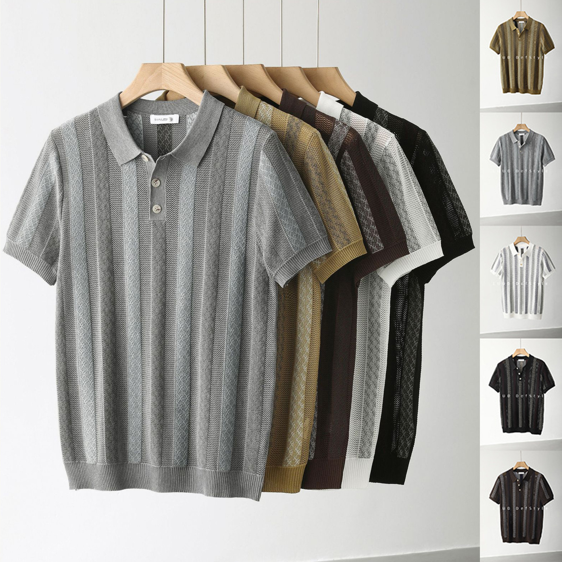 Polo camiseta de punto camiseta de manga corta camiseta de hombre solapa rayas huecas viejos vientos de alto nivel de verano fábrica transfronteriza al por mayor