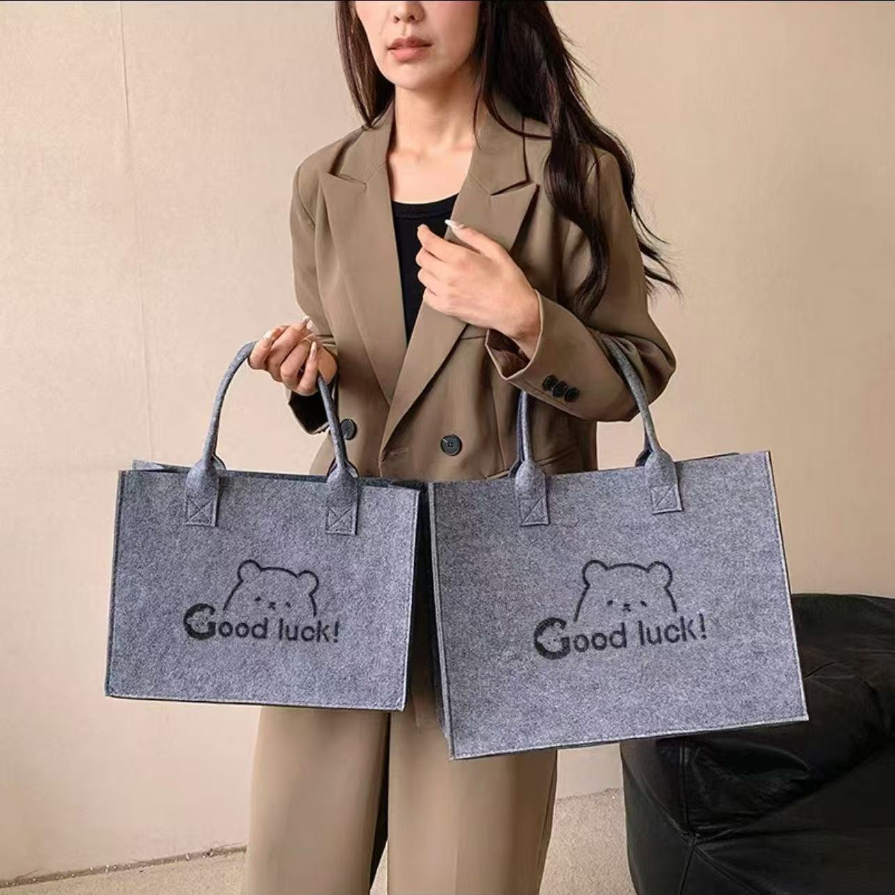 网红同款毛毡手提包可印logo大容量毛毡包敞口手提包礼品袋批发定