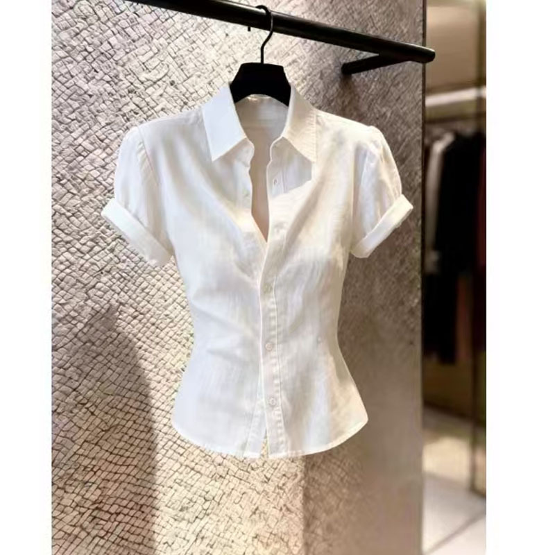 Light Luxury Style White Simple Button-Down Slim-Fit Lapel Short-Sleeve Top for Women, 2026 Summer New Slimming and Elegant Shirt