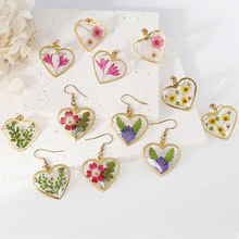 夏季彩色真花心形耳环花卉吊坠手工滴胶树脂干花项链新款创意时尚