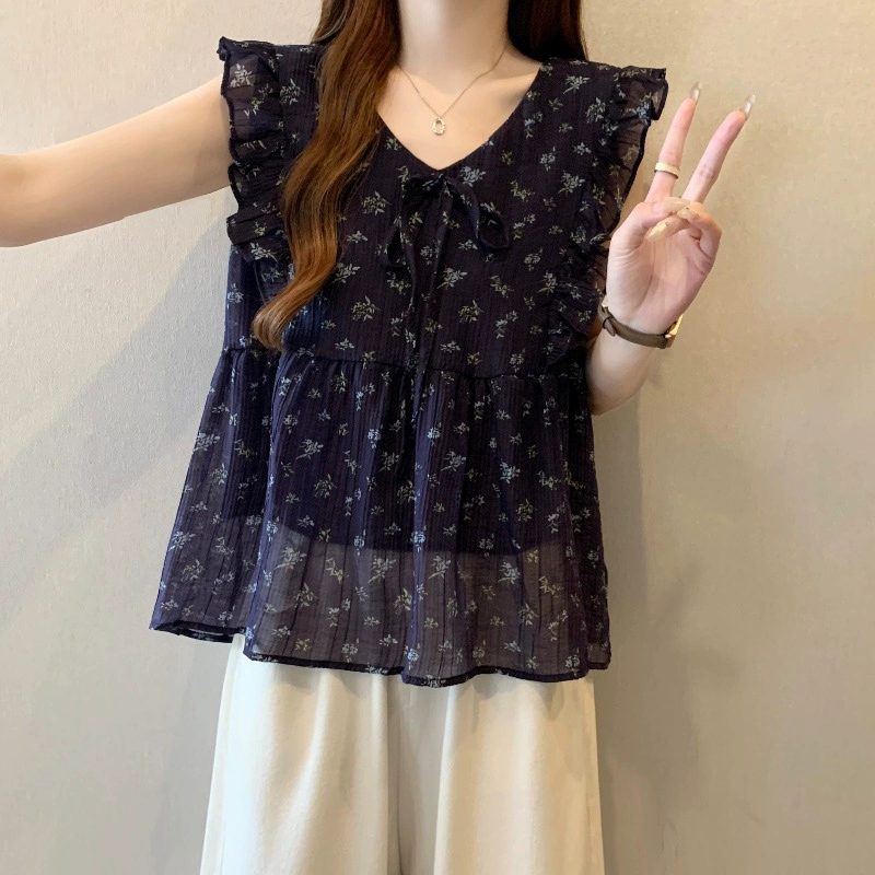 Темно-синяя шифоновая рубашка с v-образным вырезом и короткими рукавами с цветочным принтом для женщин, лето 2025, большой размер, маленький летающий рукав, топ babydoll
