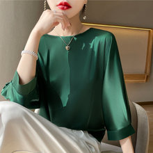 专柜新款真丝短袖缎面新款七分袖春夏季套头百搭纯色宽松上衣批发