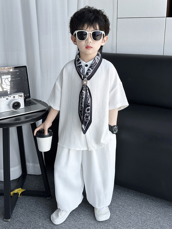 童装男童夏季套装2025新款儿童白色短袖衣服男宝宝夏装帅气衬衫潮|undefined