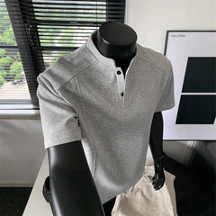 ヘンリーカラーアメリカンポロシャツ半袖メンズ夏デコンストラクトハンサムハイエンドTシャツヘビーショルダースポーツハーフスリーブ