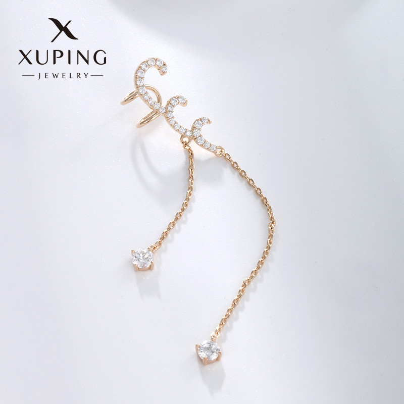 Joyería de xupe 18K chapado en oro de aleación con incrustaciones de circonio pendientes largos de borla solo clip de oreja temperamento de moda clip de hueso de oreja