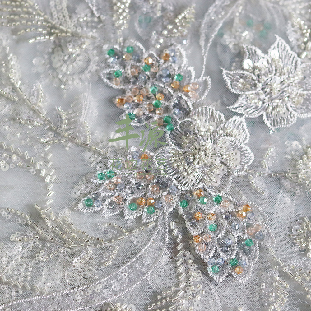 Beaded embroidery fabric for high-end custom-made wedding dresses and evening gowns. Beaded embroidery fabric pic 2