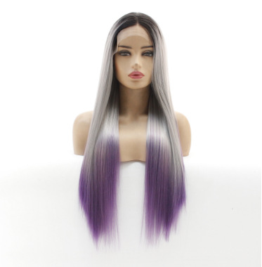 Fibra química de moda europea y americana frente peluca de encaje de mujer cabello largo recto gradiente cubierta de cabeza de tres colores comercio exterior LW0018