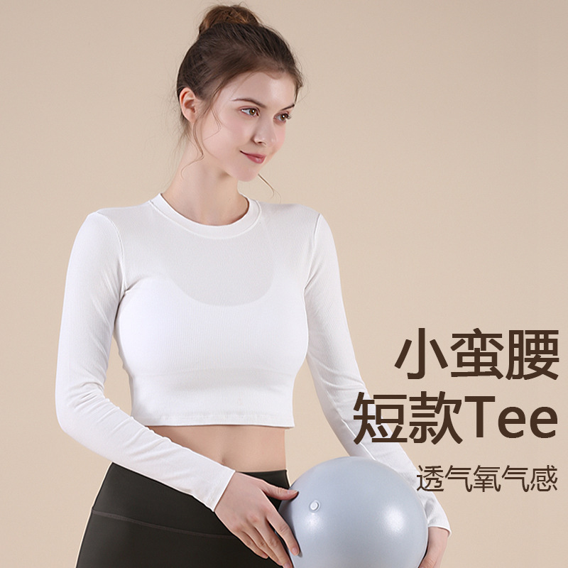 Cross-Border Ribbed Short Yoga Top for Women, Cropped, Slimming, Running, Sports, Long-Sleeved T-Shirt, Pilates, Quick-Drying Base Layer Top