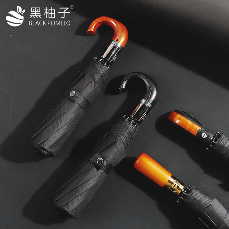 Paraguas automático de 10 huesos de apertura automática y recepción de pegamento negro opaco protección solar paraguas de sol mango curvo paraguas triple logotipo publicitario