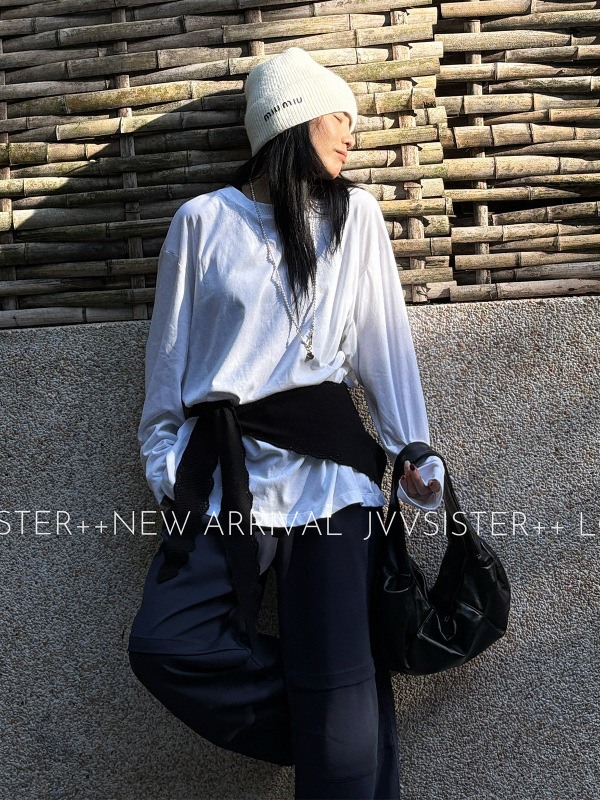 JVV十三行2025秋季新款连帽披肩长袖宽松显瘦T恤两件套女潮71058|undefined