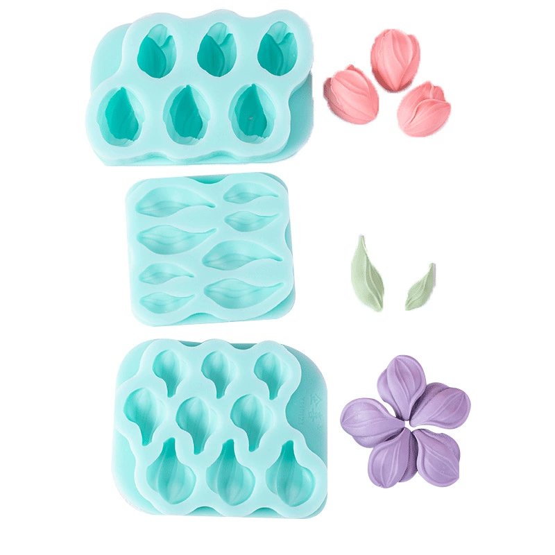 Силиконовые формочки для лепестков цветов, набор для украшения тортов 3 шт. тюльпаны и листья, гибкие антипригарные