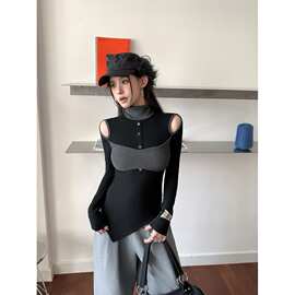 撞色高领长袖T恤女黑色镂空新款显瘦时尚气质高级感上衣辣妹风潮