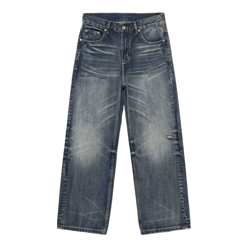 Quần jean nam dáng chữ A ống đứng rộng rãi phong cách retro, rách râu mèo, quần dài ống rộng dễ phối đồ — Màu xanh dương, Đen xám