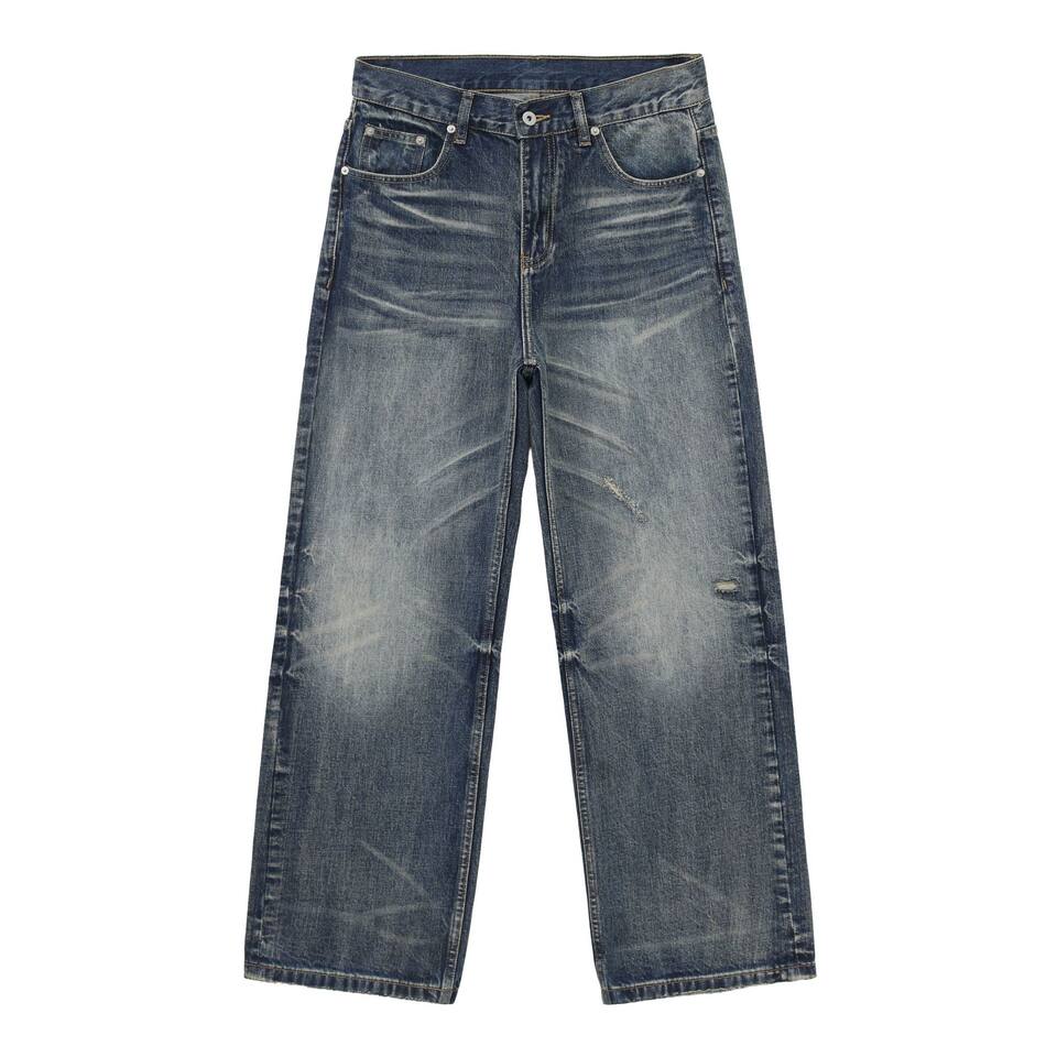 Quần jean nam dáng chữ A ống đứng rộng rãi phong cách retro, rách râu mèo, quần dài ống rộng dễ phối đồ — Màu xanh dương, Đen xám