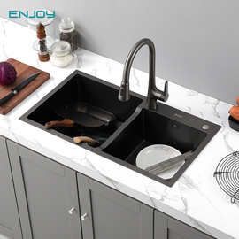 英爵纳米黑色手工水槽双槽304不锈钢洗菜盆水池加厚厨房水槽双盆