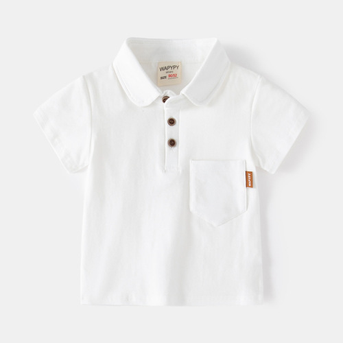 Boys short-sleeved T-shirt 2024 new children's solid color polo shirt baby summer top pocket label fashion lapel
