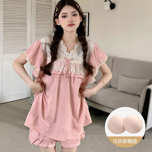 [Real shot] Pajamas with breast pads for women in summer 2024 new style bubble cotton sweet and cute short-sleeved home clothes set